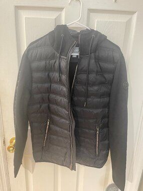 Michael Kors Black Mixed Media Puffer Hooded Jacket Full Zip